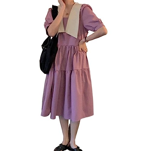SUKORI Vestido Dresses Women Patchwork Design Sweet Style Students Simple Femme Hipster Comfortable Summer (Color : Purple, Size : 3XL)